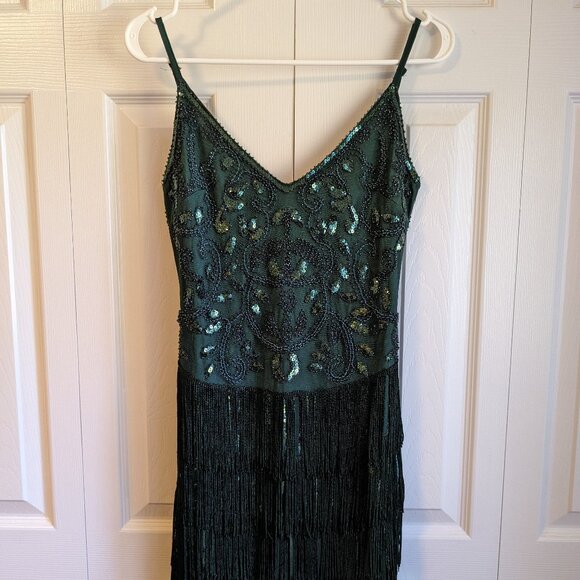 NWT 12th TRIBE Embroidered Mini Dress Small Green Sequins Fringe Flapper Tank - Picture 4 of 14